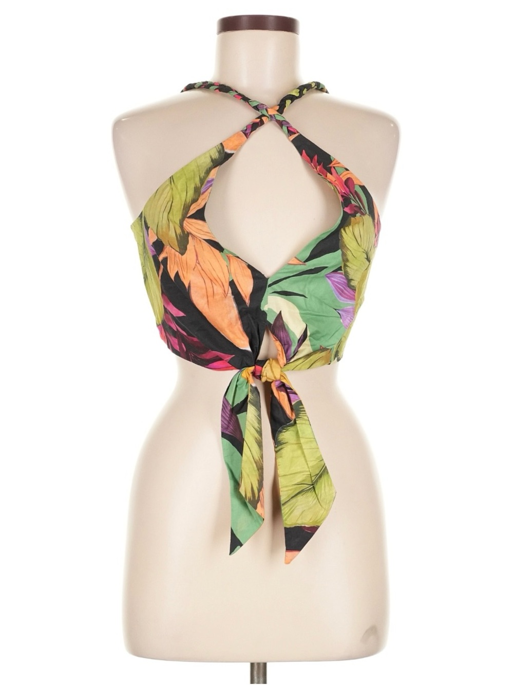Zara Tropical Print Tie-Front Crop Top - Black, Green, Orange, Purple